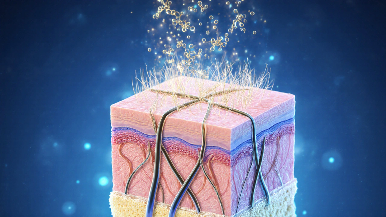 Vnitřní zobrazení kůže, vlasů a kloubů, kde rybí kolagen obnovuje tkáně zvnitřka jako zlaté nitě.