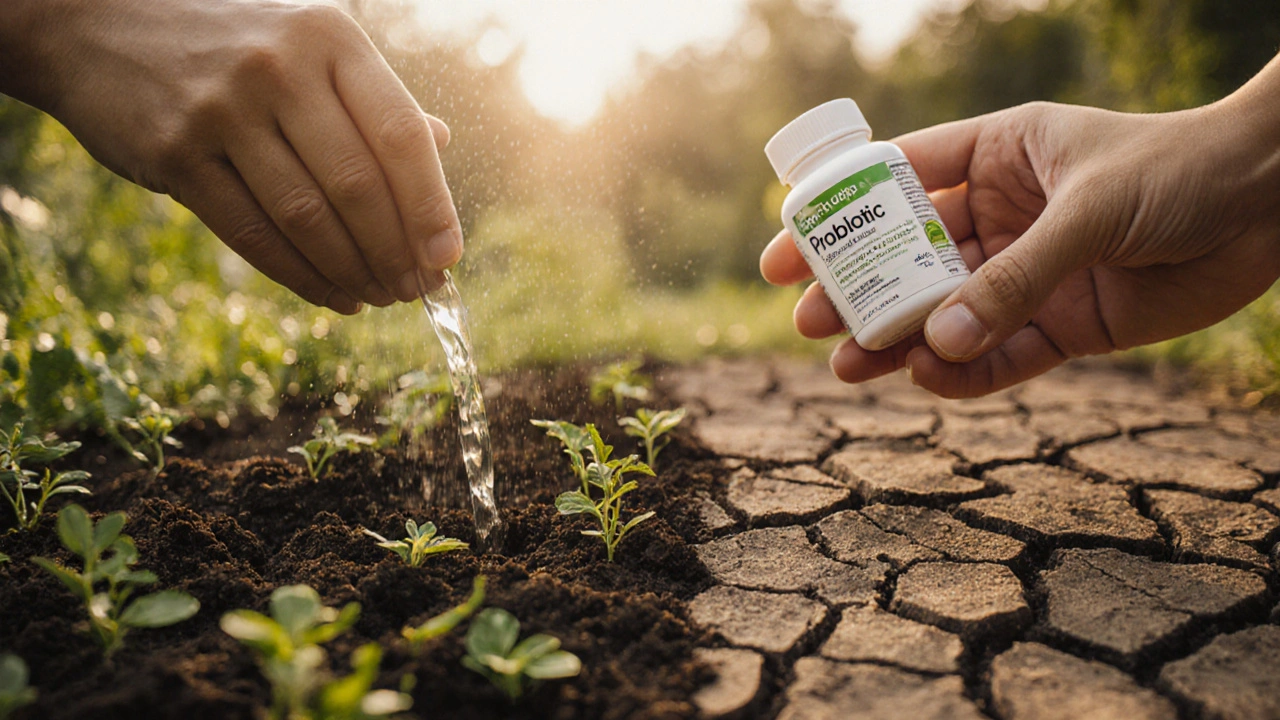 Zahrada jako metafora zdravé střevní mikroflóry s rukou, která ji zavlažuje.
