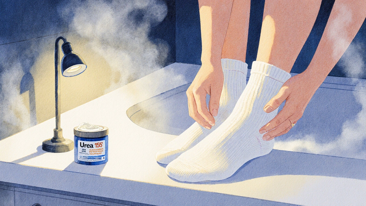 Žena aplikuje krém na paty v noci, v bavlněných ponožkách, teplé osvětlení.