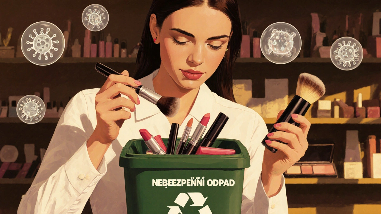 Žena hází starou kosmetiku do recyklačního kontejneru, drží čerstvý růž a čistý štětec.