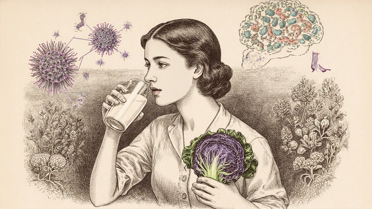 Žena pije kefír a jí kyselé zelí, s vnitřním zobrazením probiotik a imunitních buněk