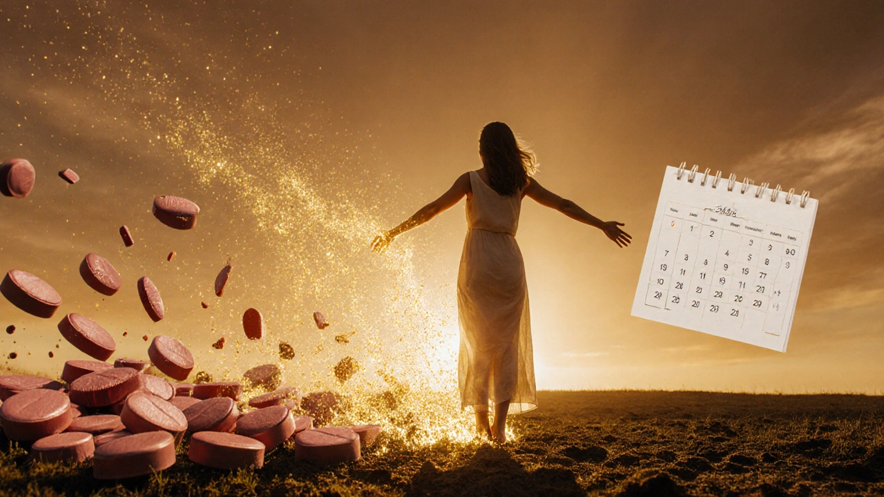 Žena stojící na zemi, kde se rozplynou tabletové stopy a objeví se cyklus.