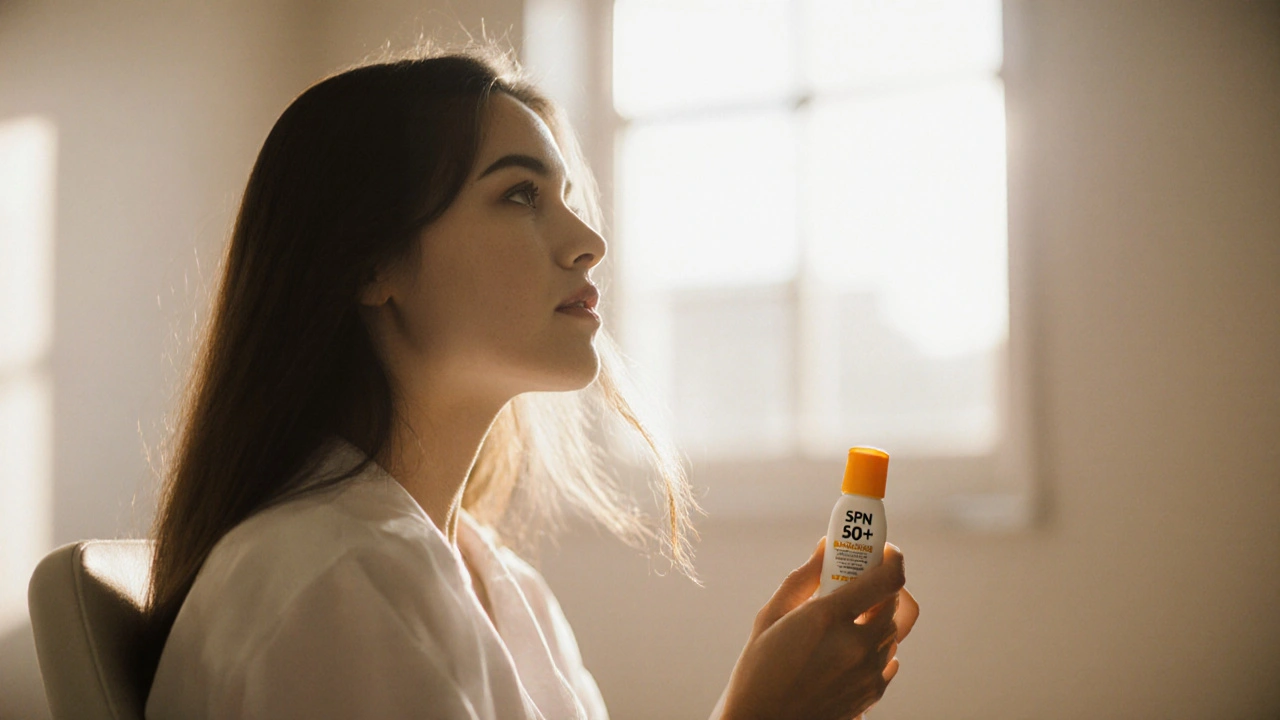 Žena v klidné klinice drží krém SPF 50+, symbolizující péči po trvalé depilaci.