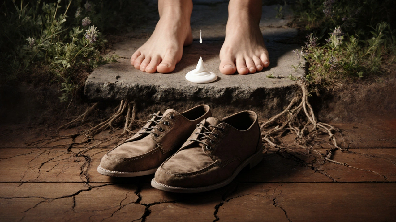 Znovuobnovené nohy na cestě vedle poškozených bot, symbolizující prevenci a péči.