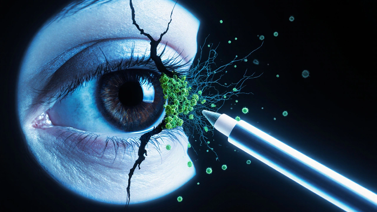 Zvětšený pohled na bakterie v šmouze, kontrastující s čerstvým výrobkem, v medicínském stylu.