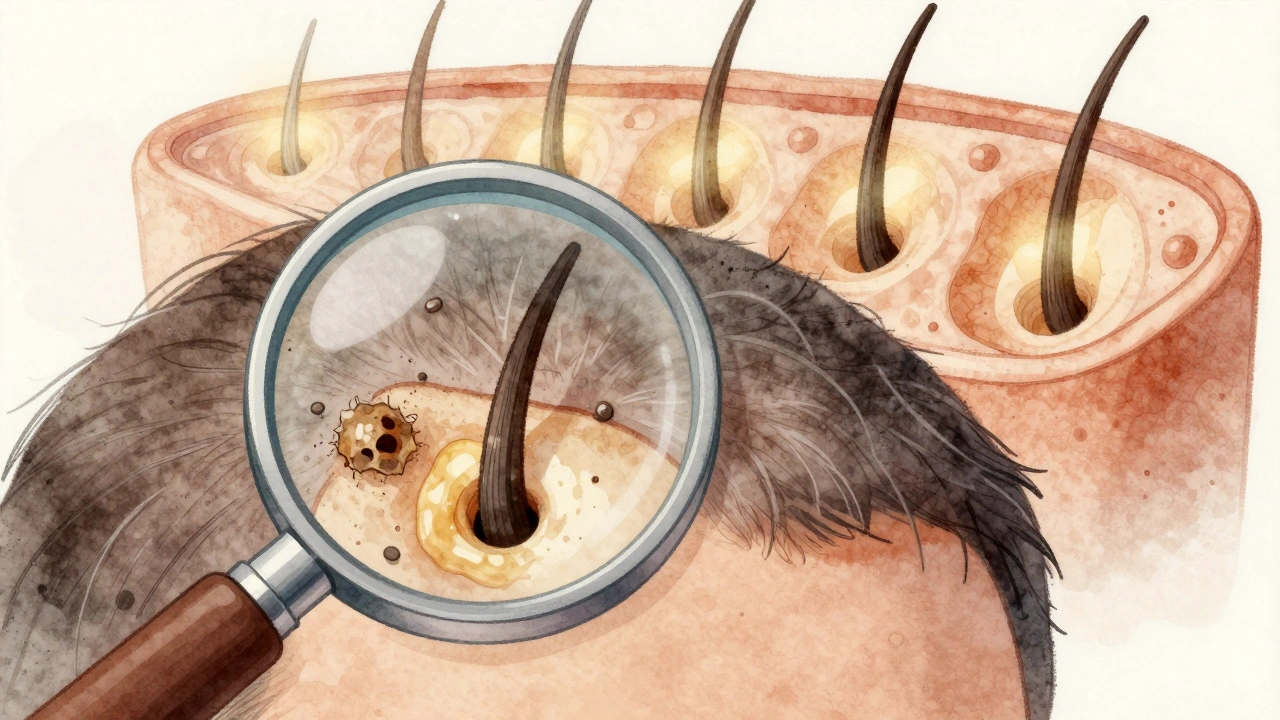 Zvětšený pohled na znečištěné a čisté vlasové folikuly na kůži hlavy.