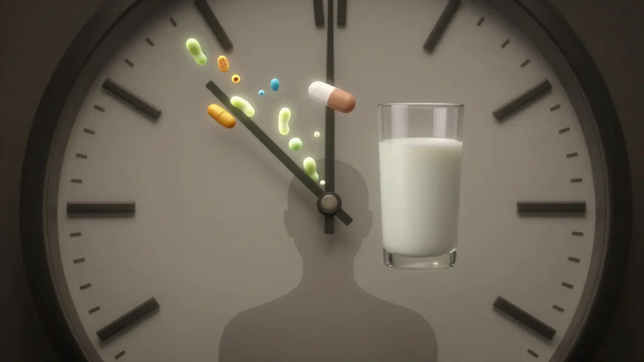 Časový diagram oddělující antibiotikum a mléko, probiotika se objevují po 4 hodinách.