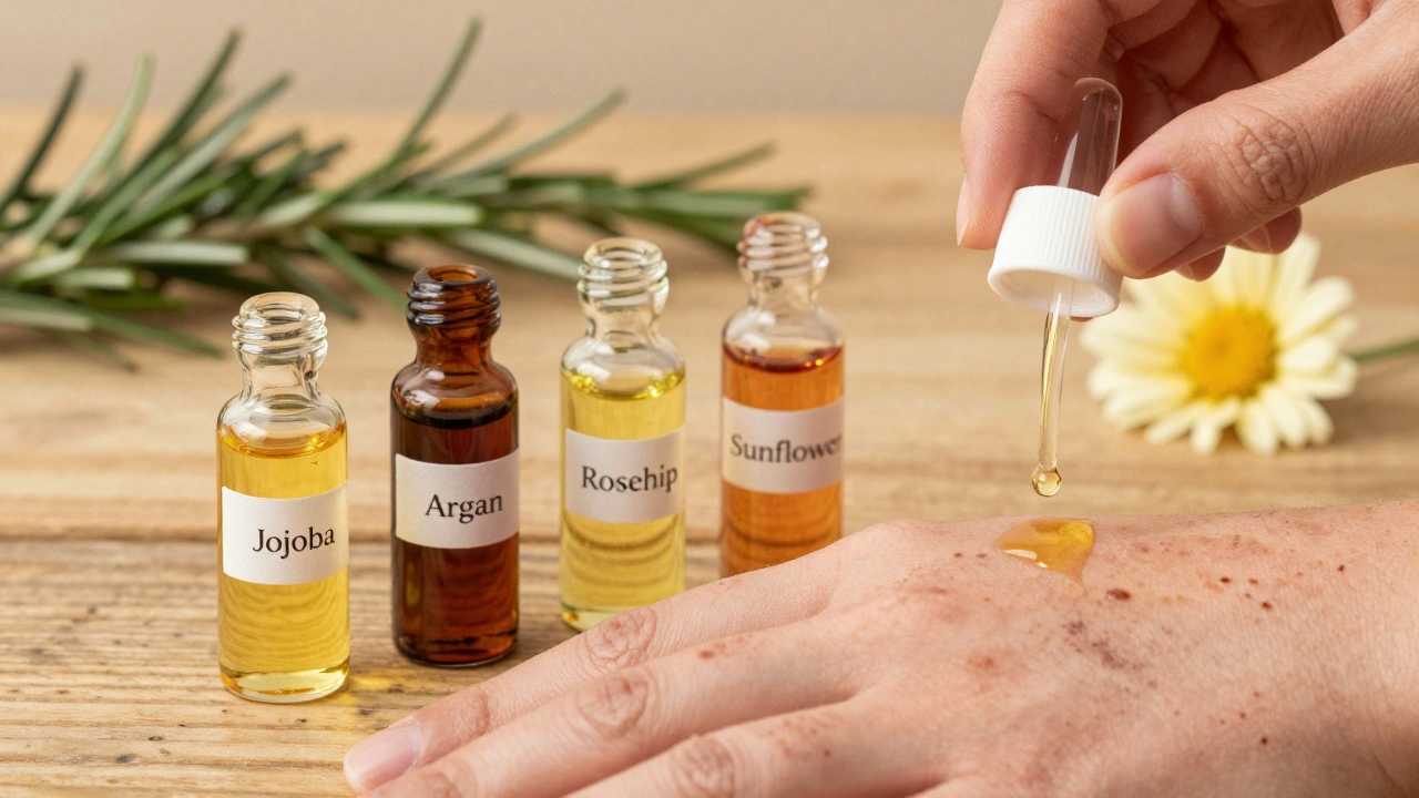 Čtyři lahvičky s různými oleji na dřevěné podložce s kůží a bylinkami.