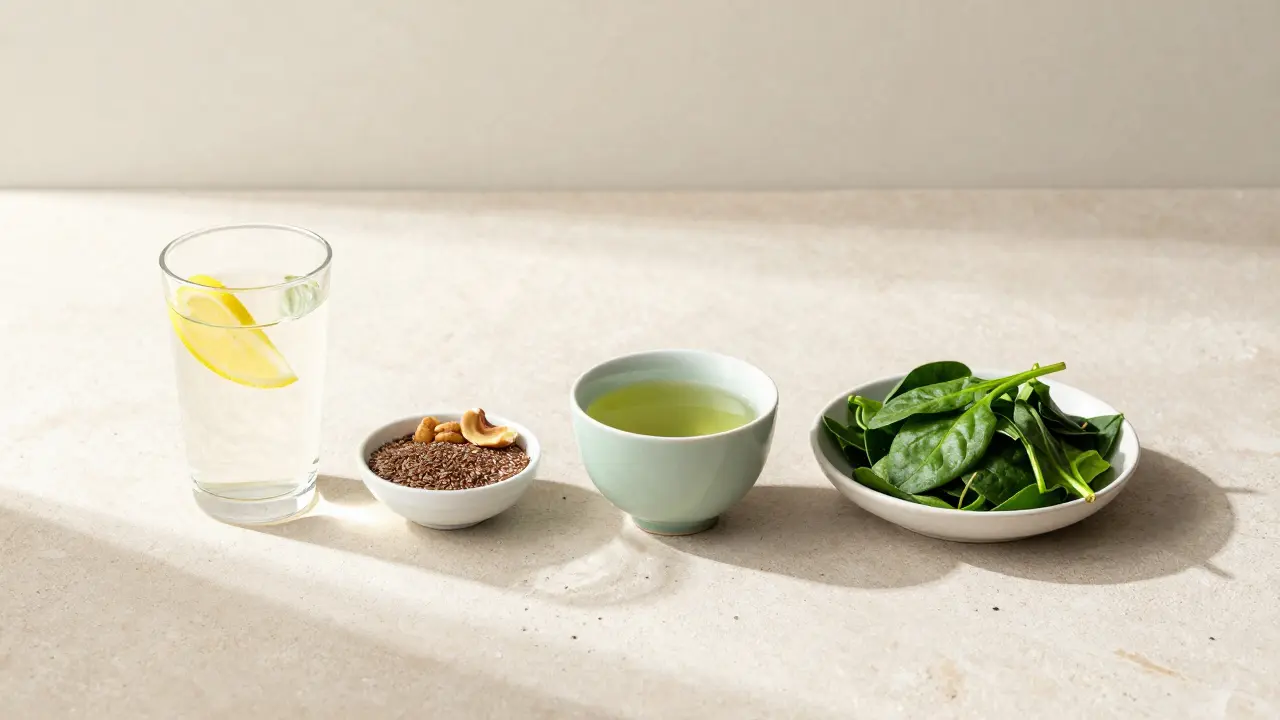Denní rutina pro zdravé trávení: voda, ořechy, zelený čaj a salát