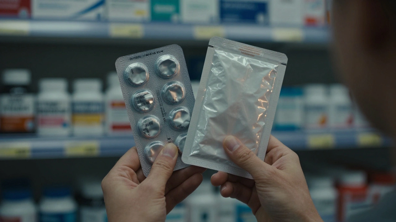 Dva probiotické produkty vedle sebe: jeden s přesným popisem, druhý s nejasným nápisem na obalu.