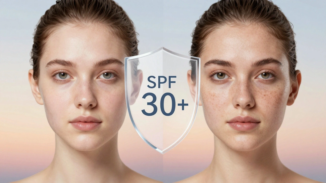 Dvě verze tváře: jedna mladistvá a zdravá, druhá poškozená sluncem bez ochrany.