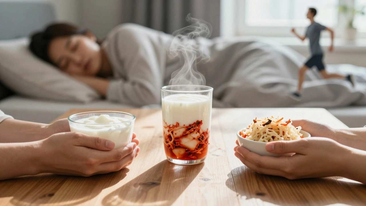 Fermentované potraviny na stole s přirozeným světlem, symbolizující zdraví střev a duše.