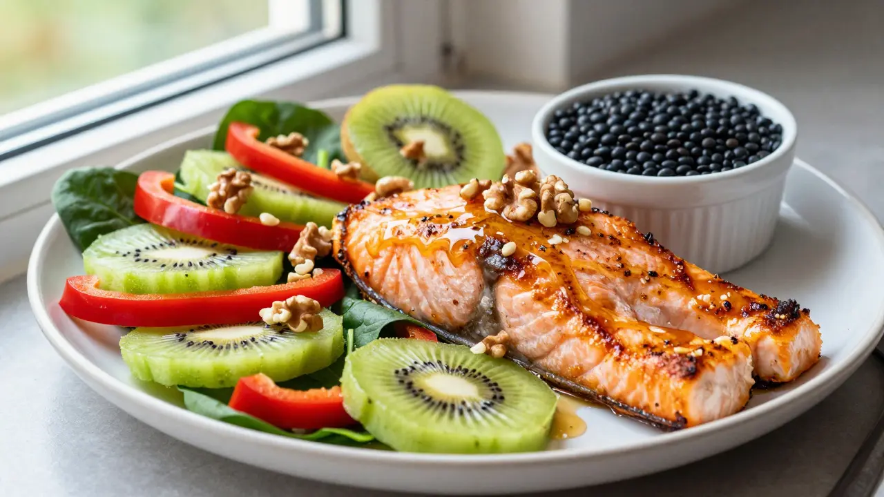 Grilovaný losos s kůží, červená paprika, špenát a kiwi na talíři.