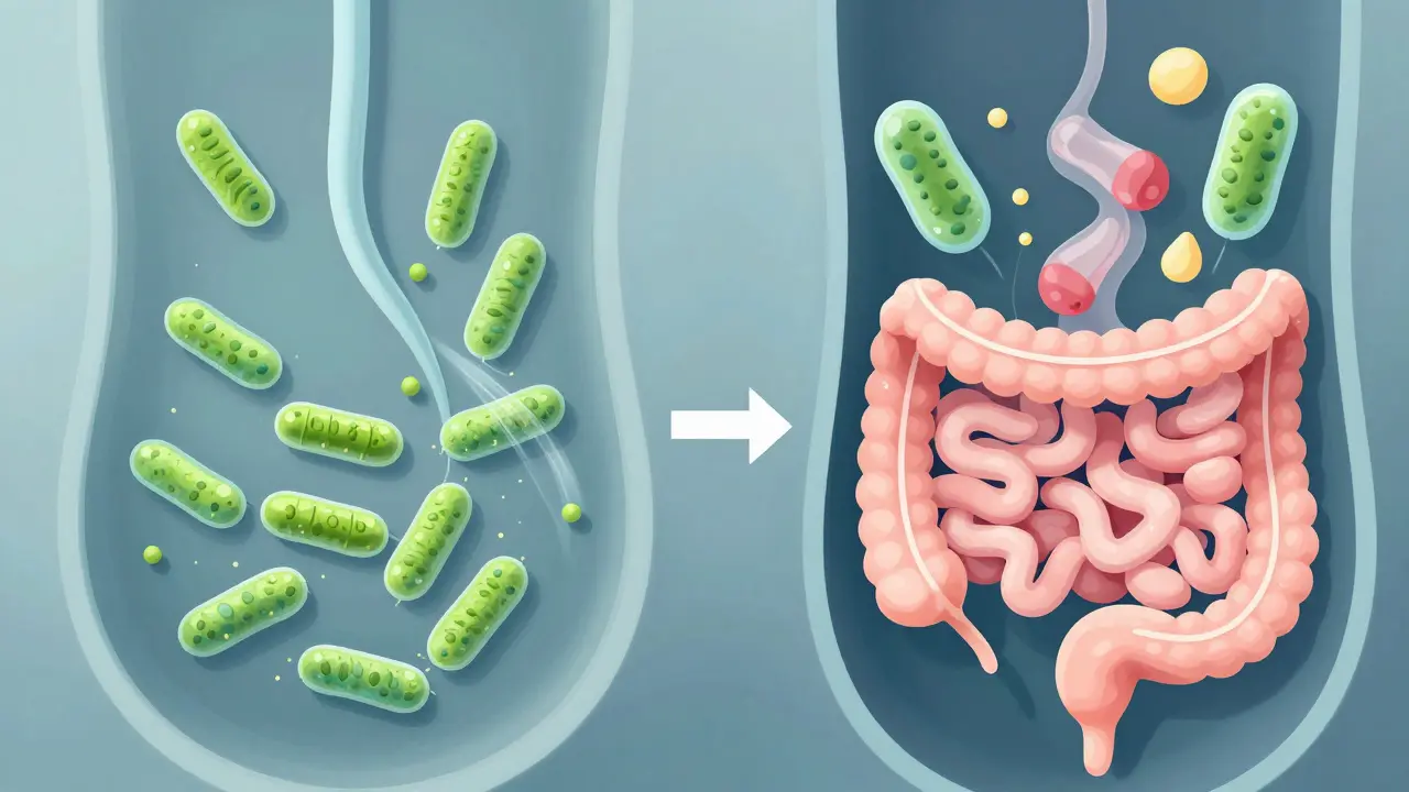 Ilustrace probiotik přežívajících cestu střevy po zředění kyseliny jídlem.