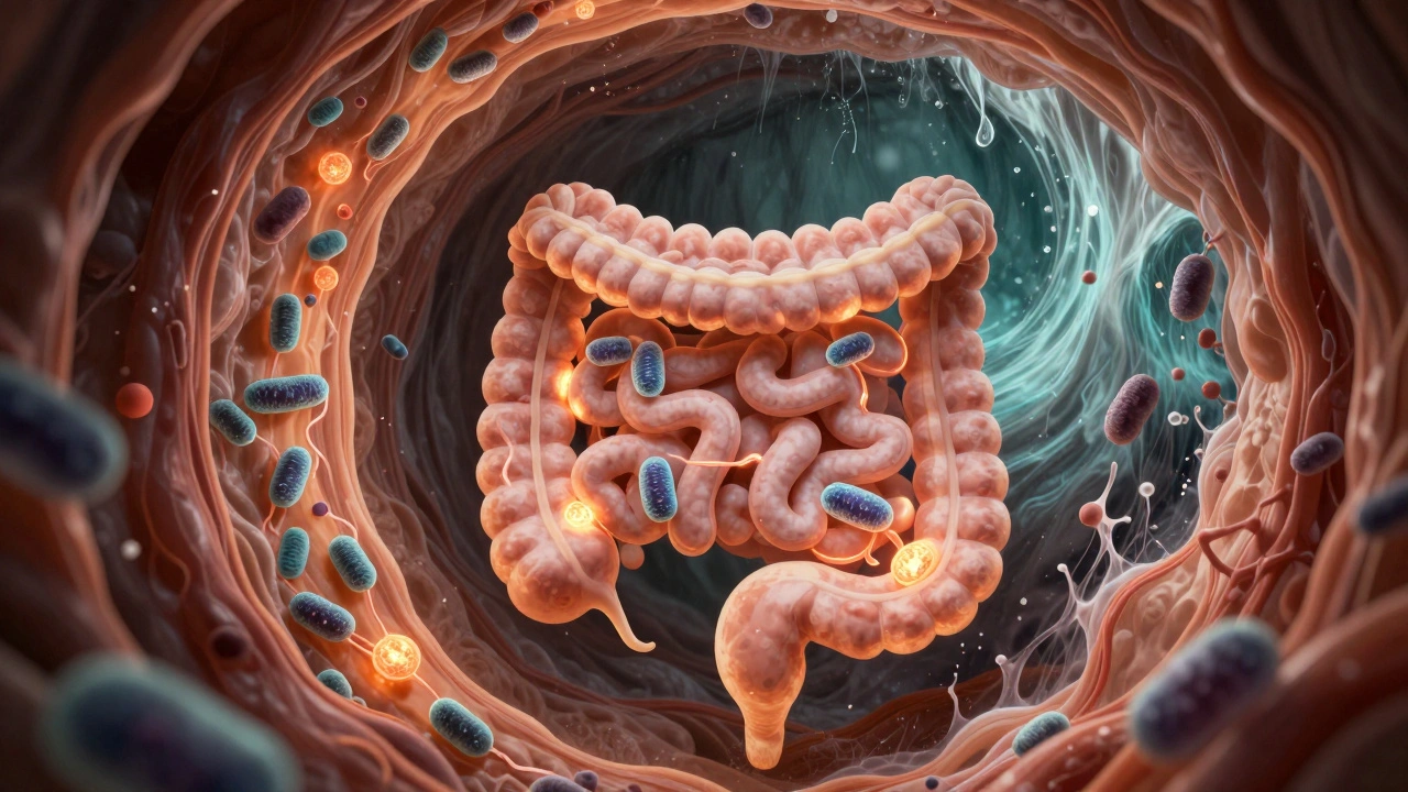 Ilustrace střev s přichycenými živými probiotickými bakteriemi chráněnými enterickým pokrytím.