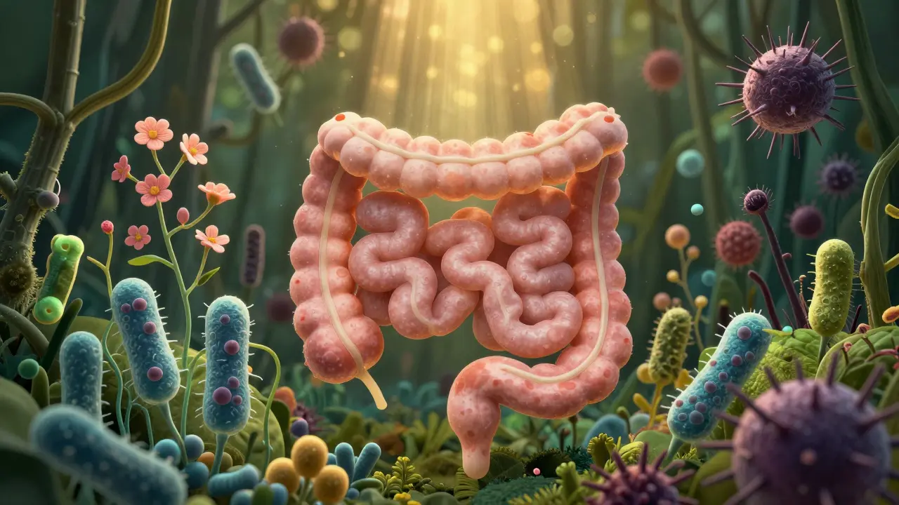 Ilustrace střeva jako zahrady s kvetoucími laktobacily a škodlivými plevely, zářící zlaté světlo.