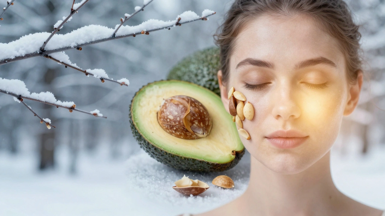 Kombinace zimní krajiny a ovoce s tváří, symbolizující sezónní péči o pleť.