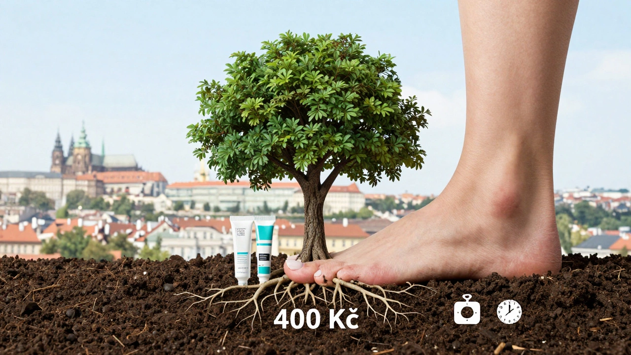 Konečná pedikúra jako investice do zdraví: noha jako strom s kořeny z péče a nehty jako větve.