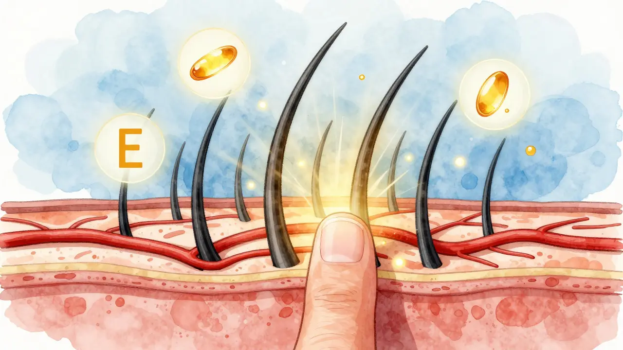 Křížový řez pokožky hlavy s rozšířenými krevními cévami a aktivními vlasovými folikuly.