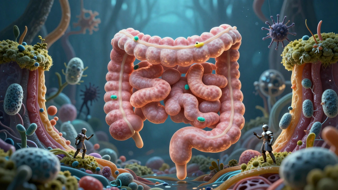 Mikroskopické laktobacily jako strážci v střevech, bránící škodlivým bakteriím.