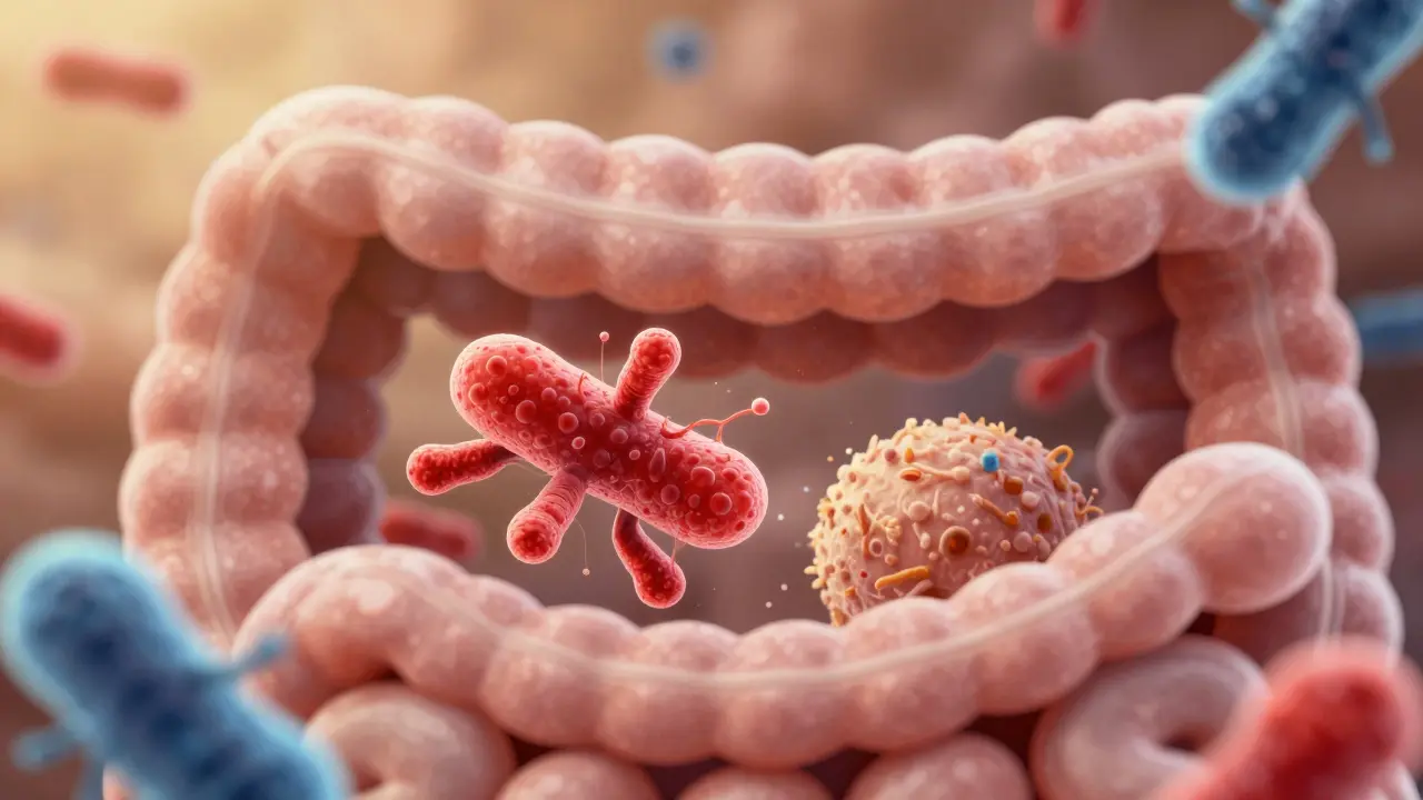 Mikroskopický pohled na střeva: antibiotika útočí na škodlivé bakterie, laktobacily přežívají.