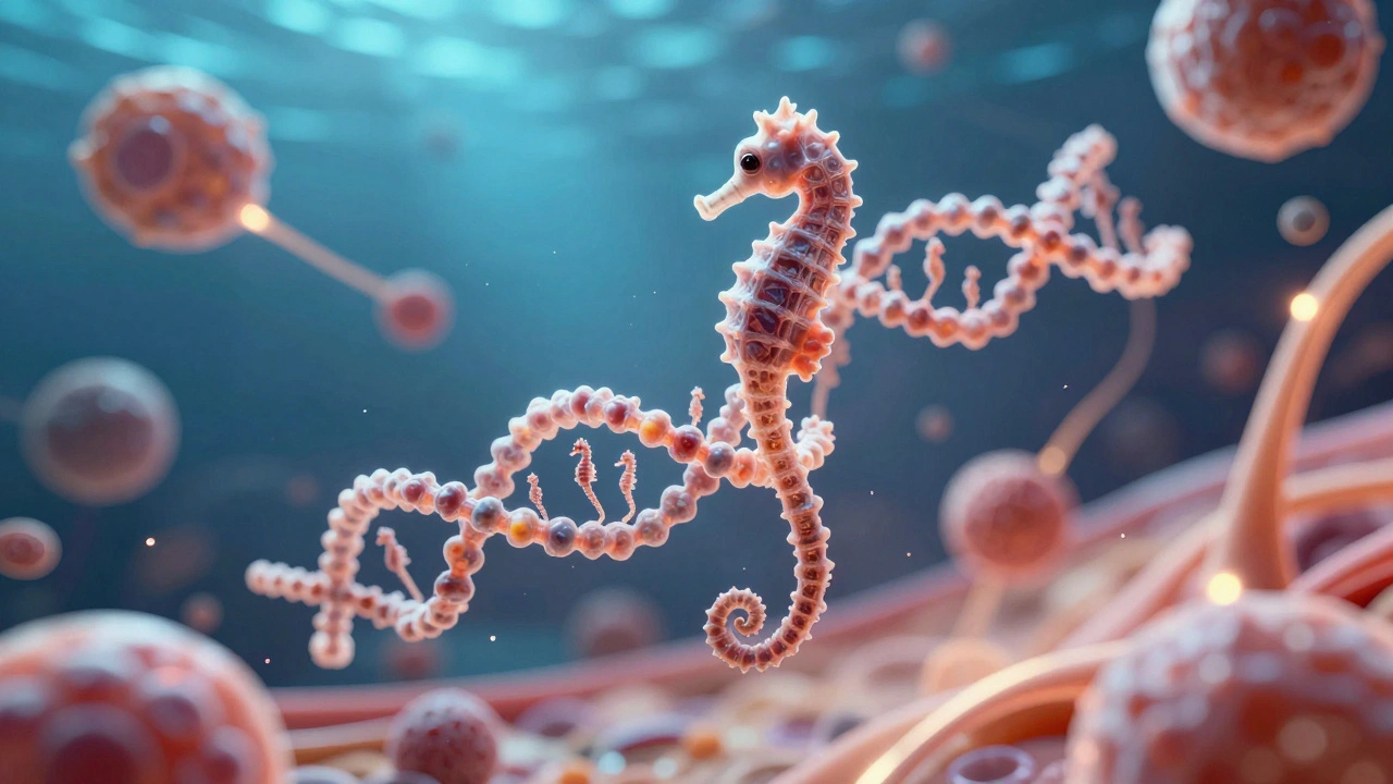 Molekula kolagenu tvořená siluetami mořských koníků v hydrolyzované struktuře.