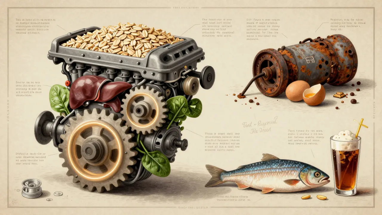 Motor vyrobený ze zdravých potravin, který funguje, zatímco porouchaný motor z rychlého jídla leží zničený.