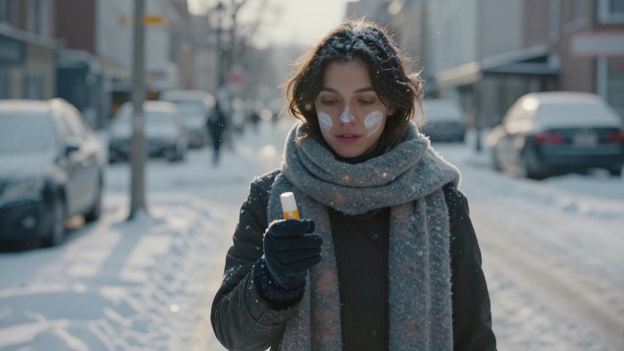Osoba chodí ve sněhu s viditelnou ochranou SPF na tváři a rtech.