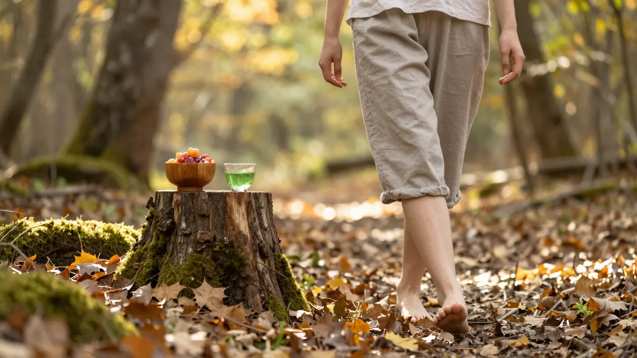 Osoba kráčející bosá lesní stezku v podzimním slunci s klidným výrazem.