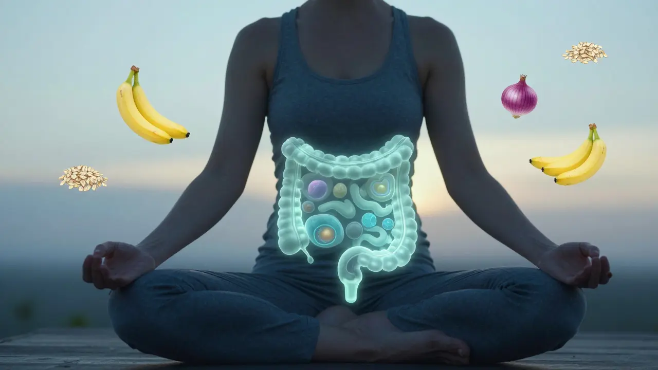 Osoba medituje na východě slunce, pod jejím břichem se objevuje zdravá mikroflóra, kolem prebiotické potraviny.