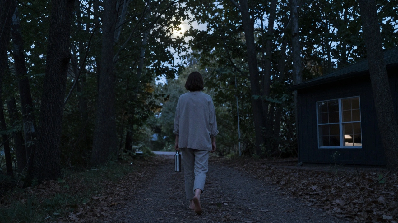 Osoba prochází lesem večer s ocelovou lahvičkou, okno v pozadí je temné.