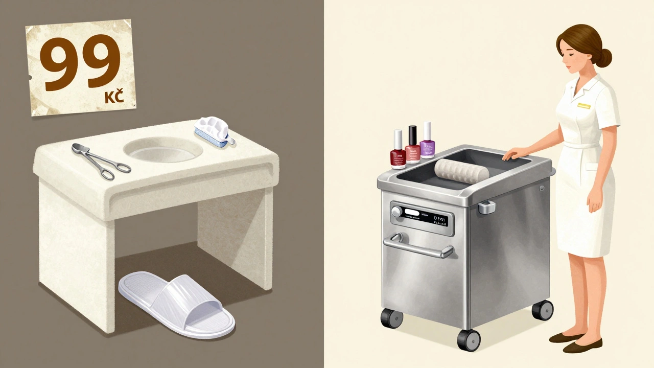 Porovnání levné a kvalitní pedikúry: špatné nástroje vs. sterilizované vybavení a profesionální péče.