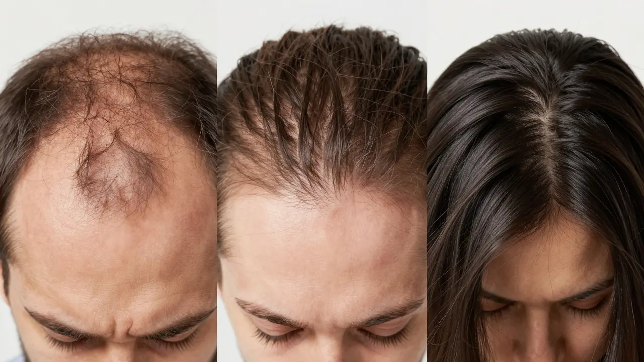 Postupný vývoj pokožky hlavy od suché a tenké po hustou a zdravou vlasovou kůži.