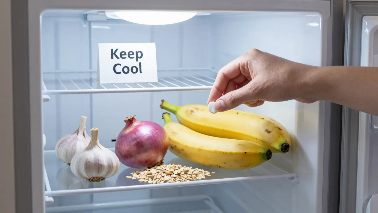 Probiotika a prebiotické potraviny uchovávané v chladničce pro maximální účinek.