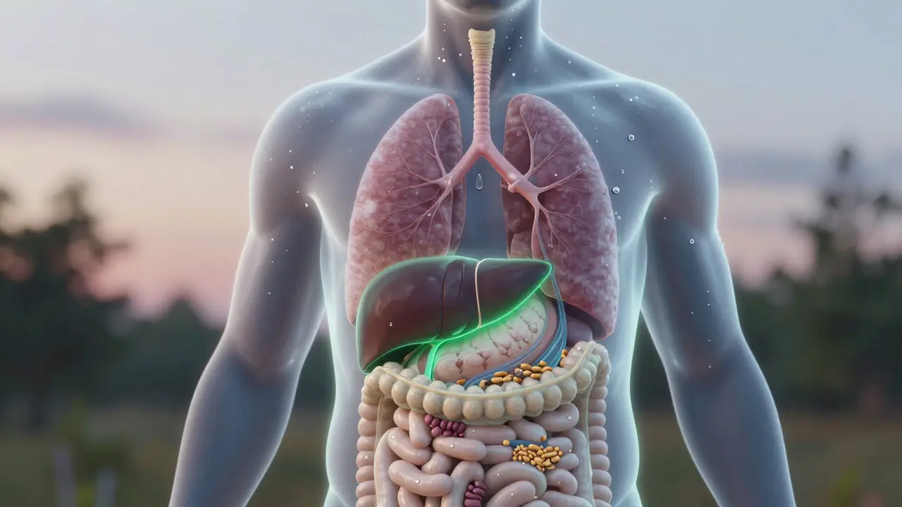 Průhledný lidský tělo s aktivními játry a ledvinami, toxiny vystupují z kůže jako malé částice.