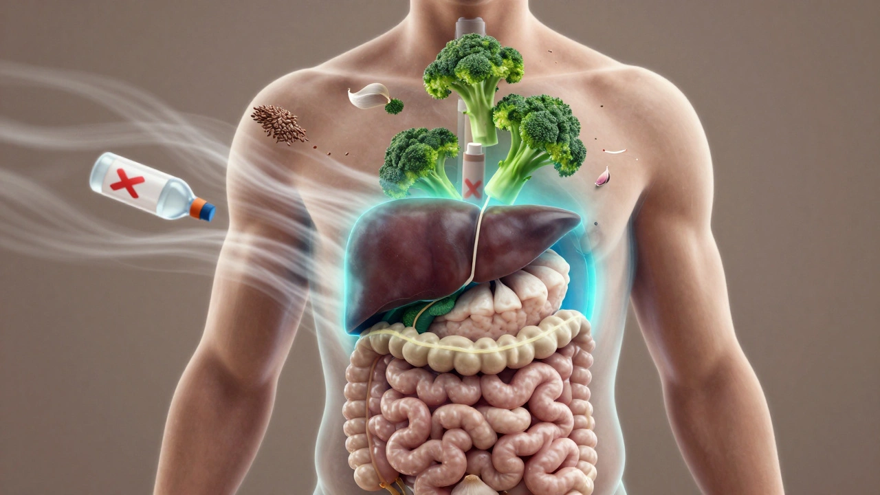 Průřez těla s játry a střevy, které detoxikují hormony pomocí brokolice a lněných semínek.