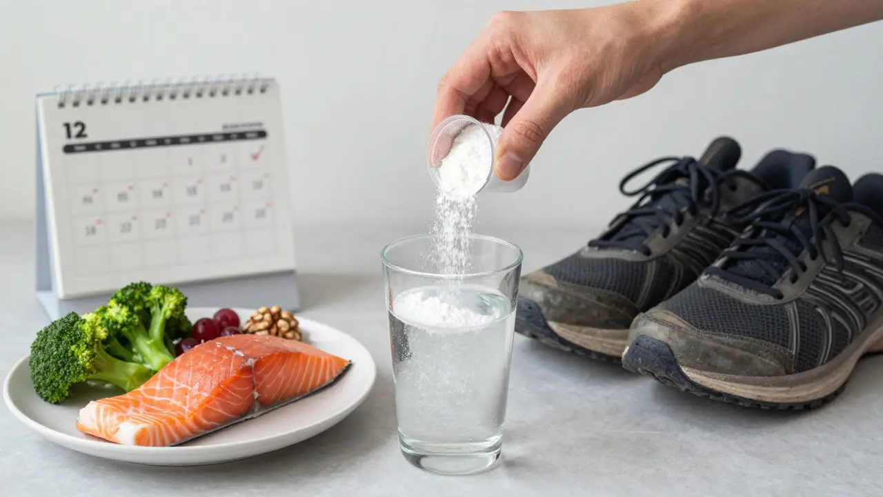 Ruce nalévají kolagen do vody vedle zdravé stravy a běžeckých bot.