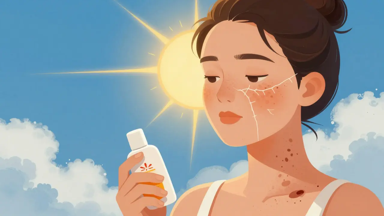 Sluneční paprsky ničí kolagen na obličeji, SPF krém je skoro prázdný.