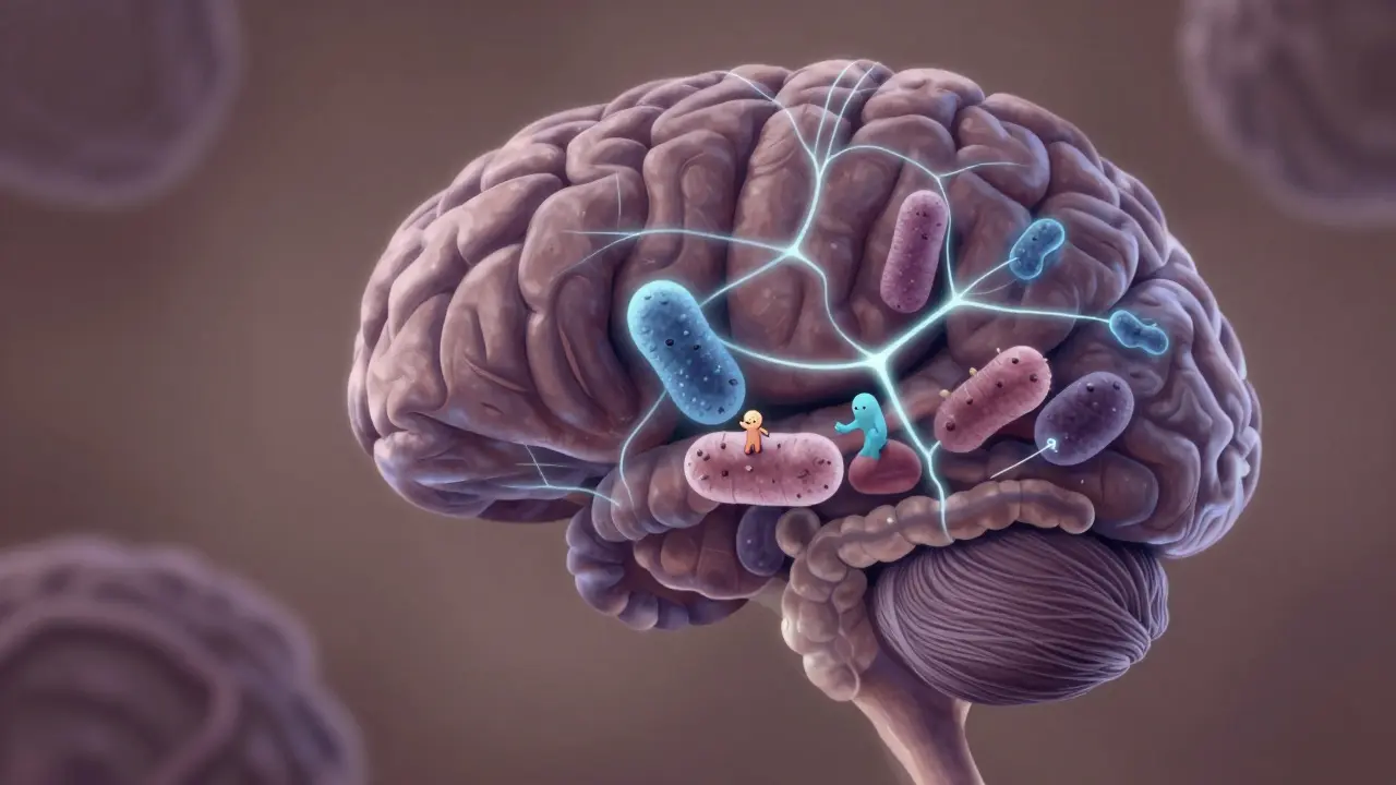 Spojení mozku a střeva skrze svítící dráhy, kde bakterie péčí o trávicí trakt.