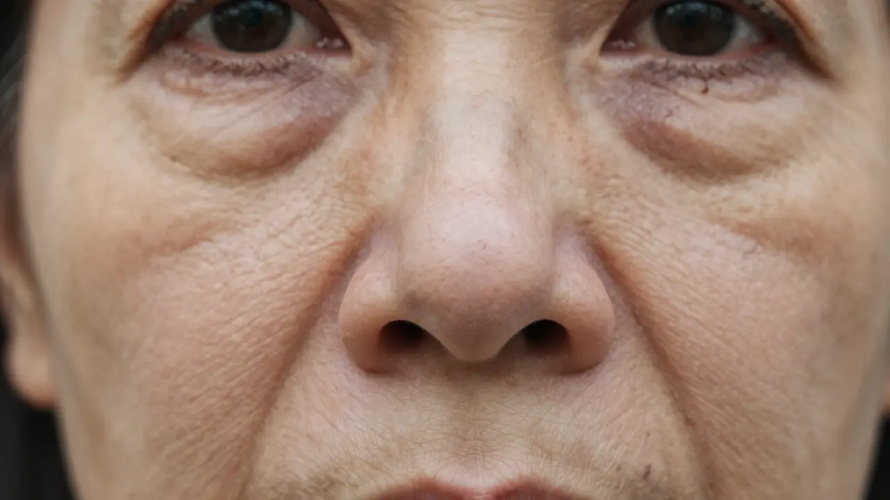 Starající se obličej s jemnými změnami nosu způsobenými ztrátou elastické tkáně.