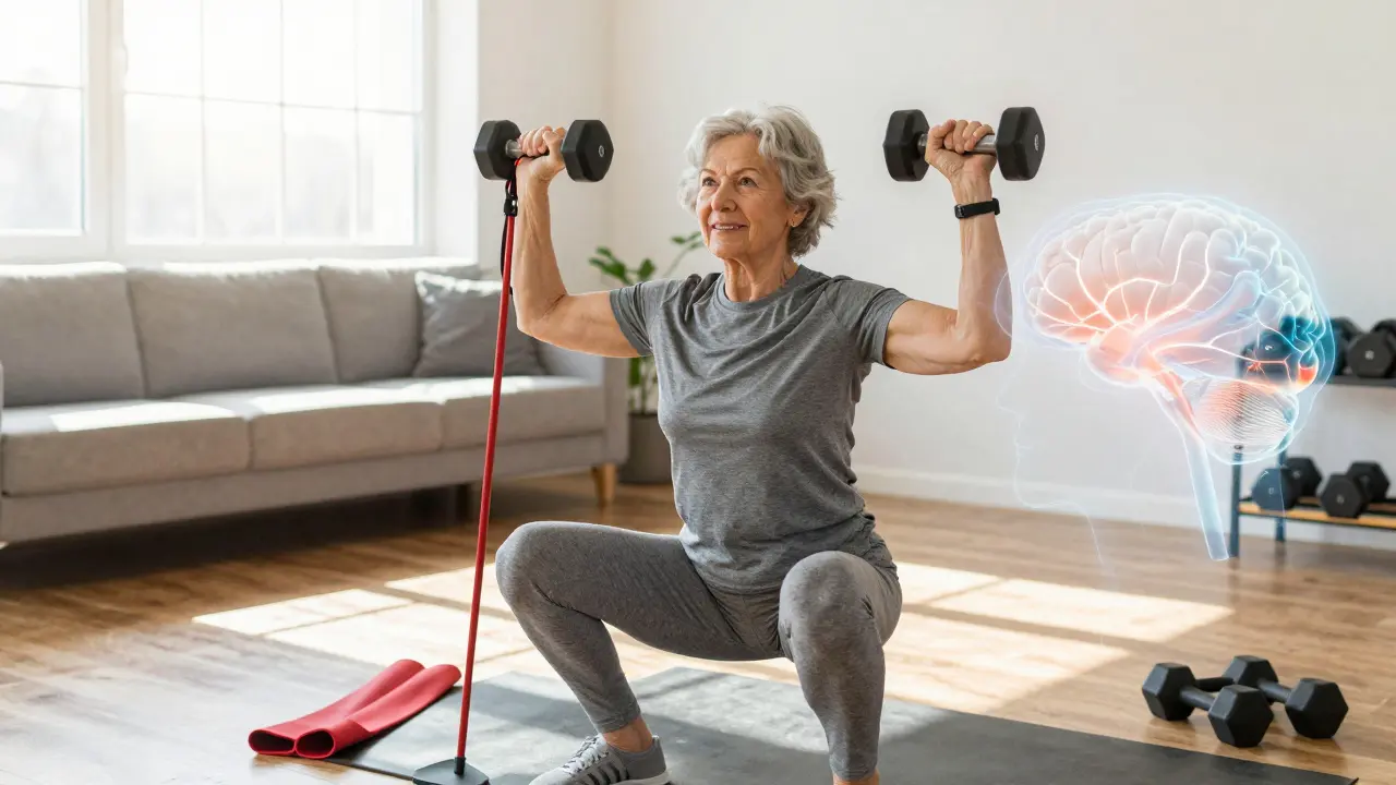 Starší osoba cvičící s činkami, s vizuálním znázorněním posílení kostí a mozku.