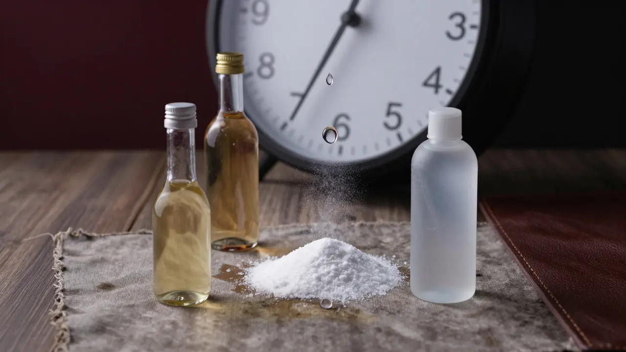 Symbolická scéna s hodinami a čisticími látkami nad stárneící skvrnou na různých površích.