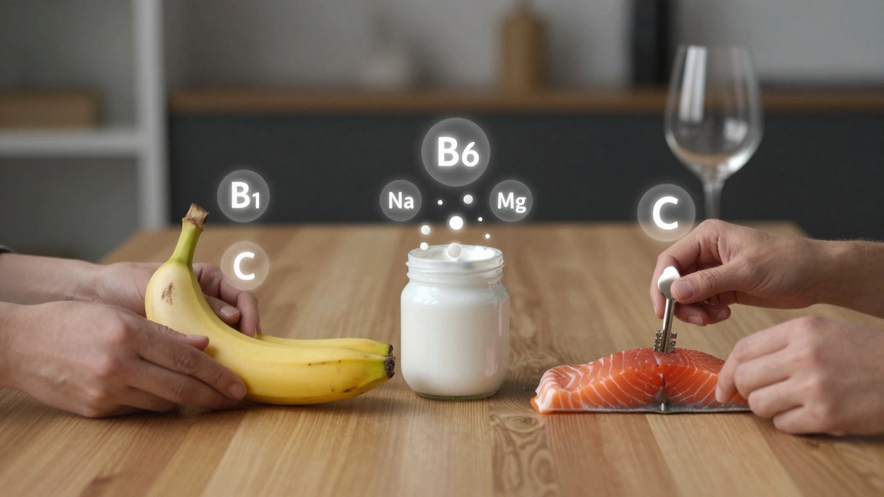 Tři klíčové potraviny pro detoxikaci s symboly vitamínů a elektrolytů na dřevěném stole.
