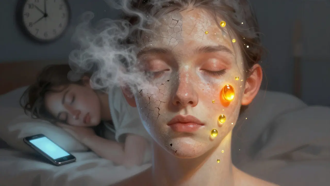 Tvář rozdělená mezi znečištěním a zdravou pokožkou s antioxidanty.