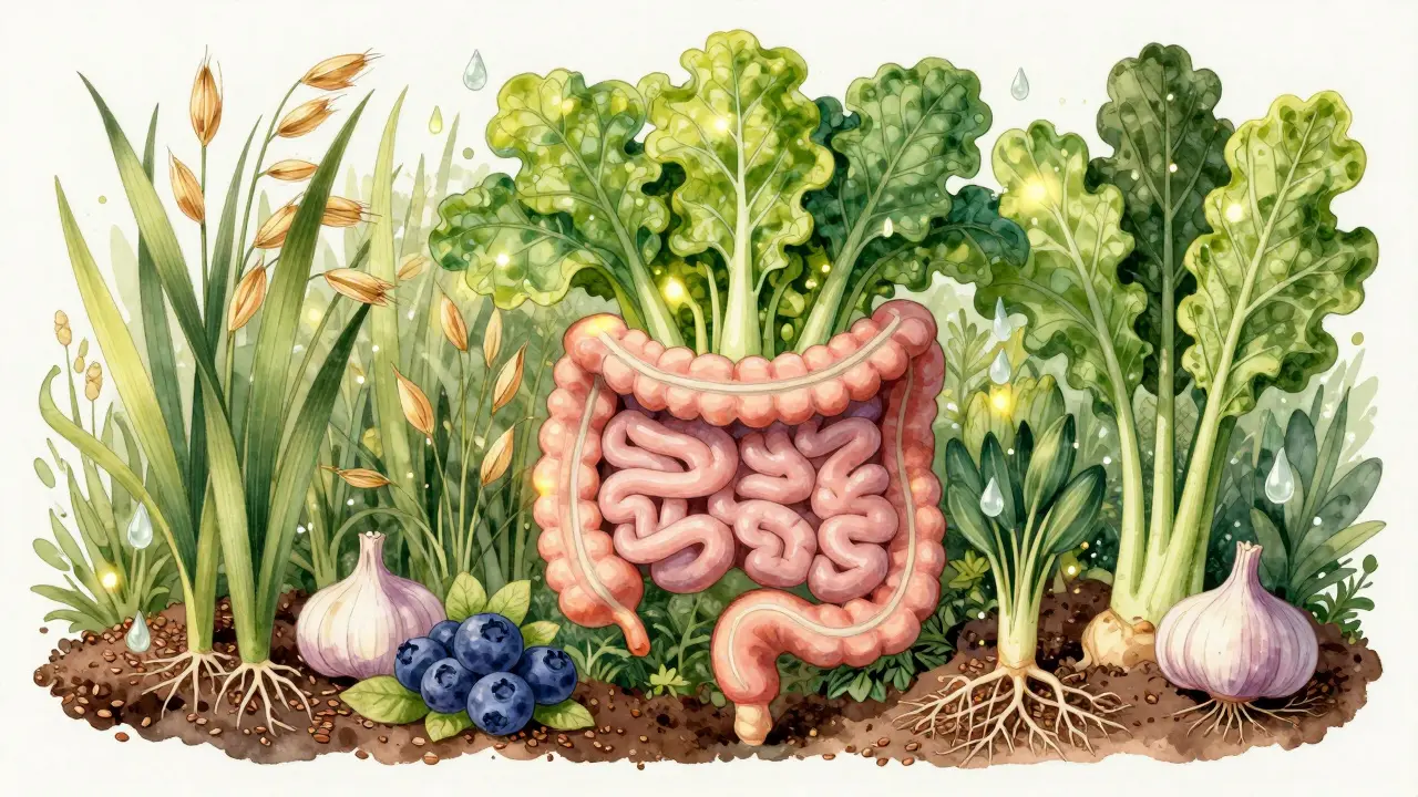 Umělá ilustrace trávicího traktu jako zahrady s potravinami
