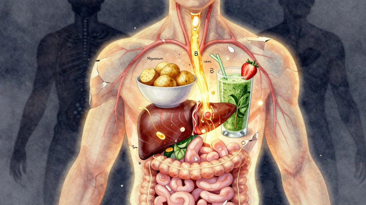 Umělecká představa těla obnovovaného vitamíny a probiotiky po alkoholu.