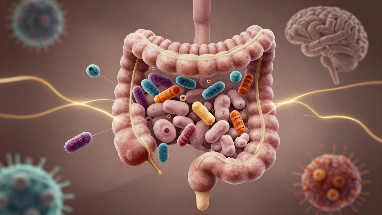 Vnitřní obraz střev s živými bakteriemi obnovujícími rovnováhu po antibiotikách.