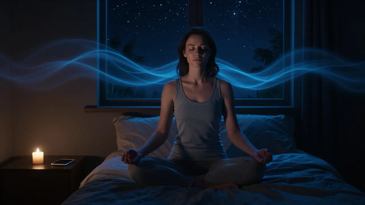 Žena medituje v temné ložnici, vypnutý telefon na nočním stolku, jen svíčka svítí v temnotě.