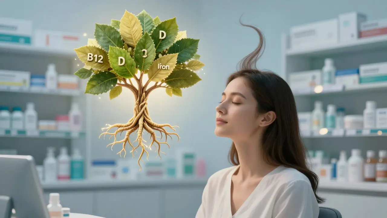 Žena s vlasy, které se mění v strom s kořeny z proteinů a listy vitamínů, symbolizující vnitřní péči.