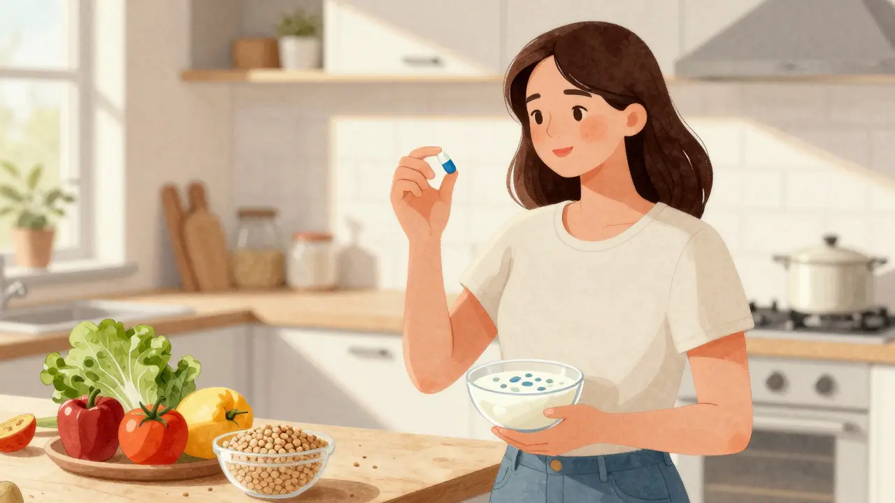 Žena v kuchyni drží probiotikum a míchá kefír, kolem ní čerstvé ovoce a zelenina.